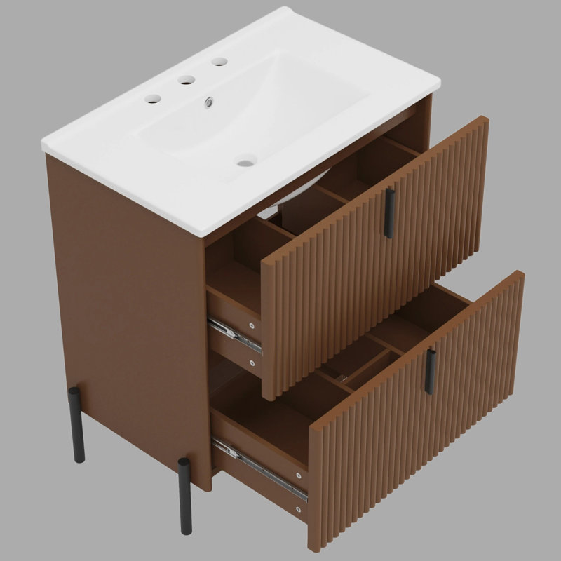 Meuble-lavabo cannelé 30 po avec lavabo en céramique - Tiroirs à fermeture en douceur à extension complète avec rangement cloisonné