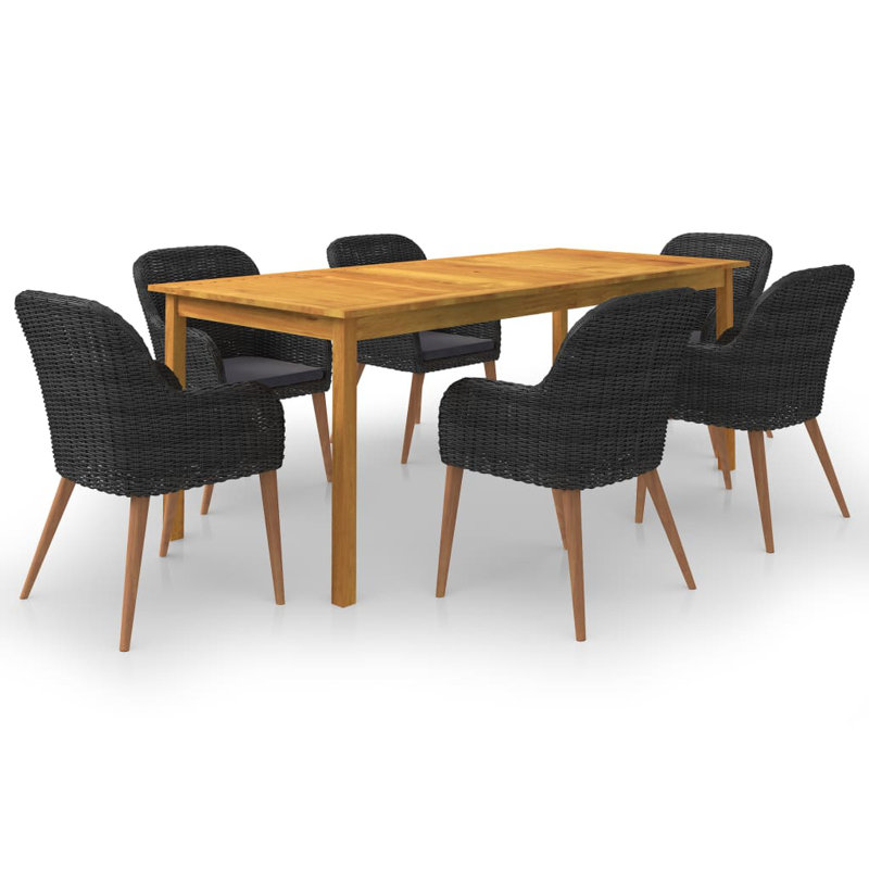 Khance Rectangular Dining Set with Cushions, 35.4" W x 78.7" L x 29.1" H, Black, 6