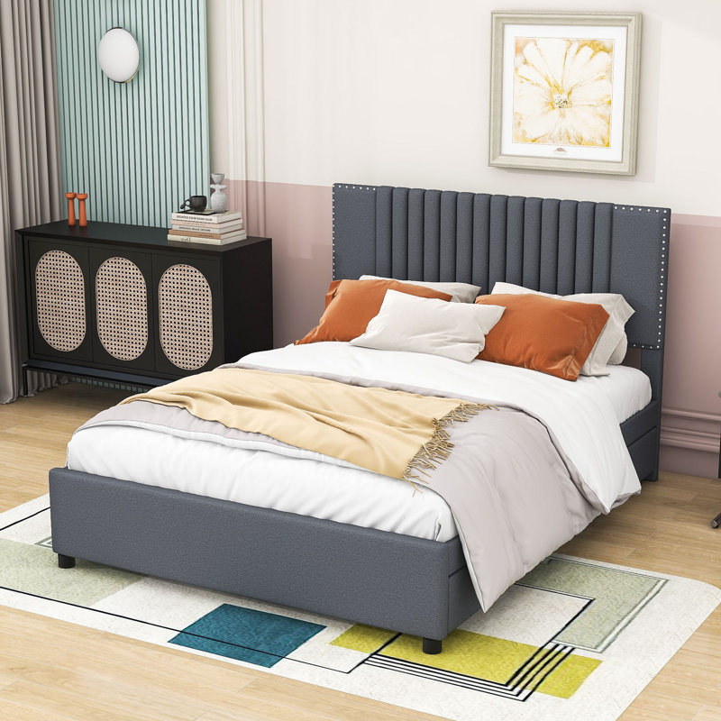 Lit plateforme tapissier avec tiroirs et lit gigogne Vanderhoof, Double, gris