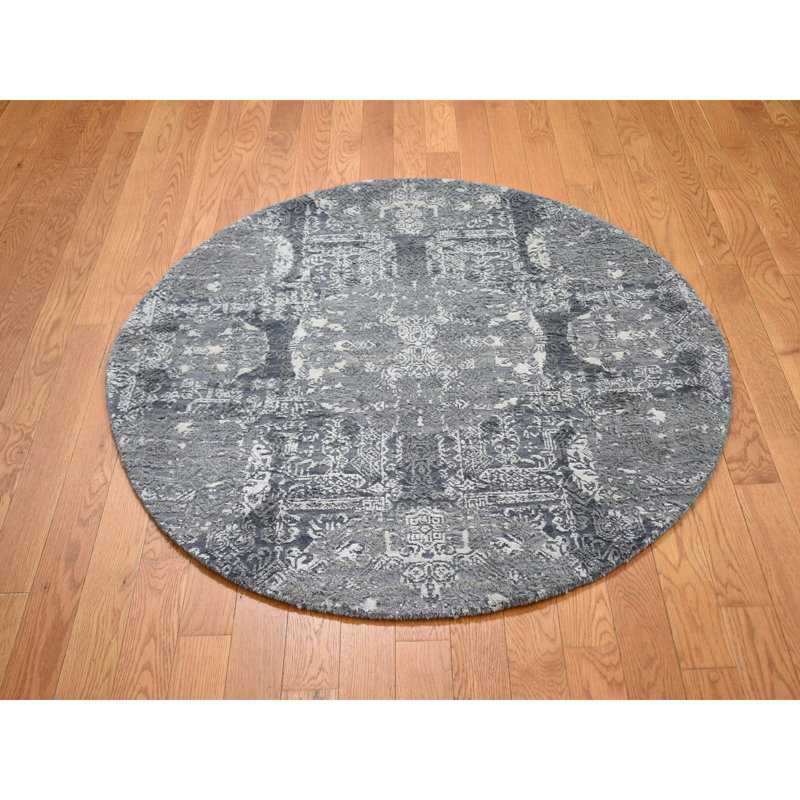 Tapis décoratif rond noué à la main gris de conception unique en forme de 4 po Asuncin