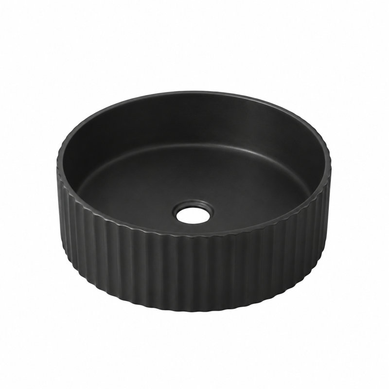 Lavabo de salle de bain vasque rond en céramique 13,78 "noir, lavabo de comptoir cannelé avec ouverture de drain standard 1,75"