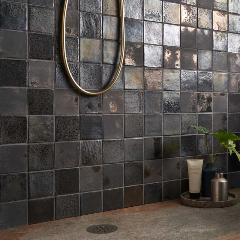 Emery 4x4 Square Handmade Crackled Glossy Terracotta Tile, Bronze / Silver