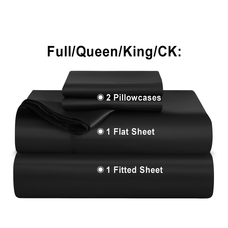 Lustrous Satin Bed Sheet Set Luxury Soft Durable, Full Sheet Set with 2 Pillowcases, Black