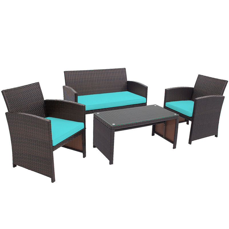 Ensemble de conversation avec canapé en rotin 8 pièces Duplantis, Turquoise, 2