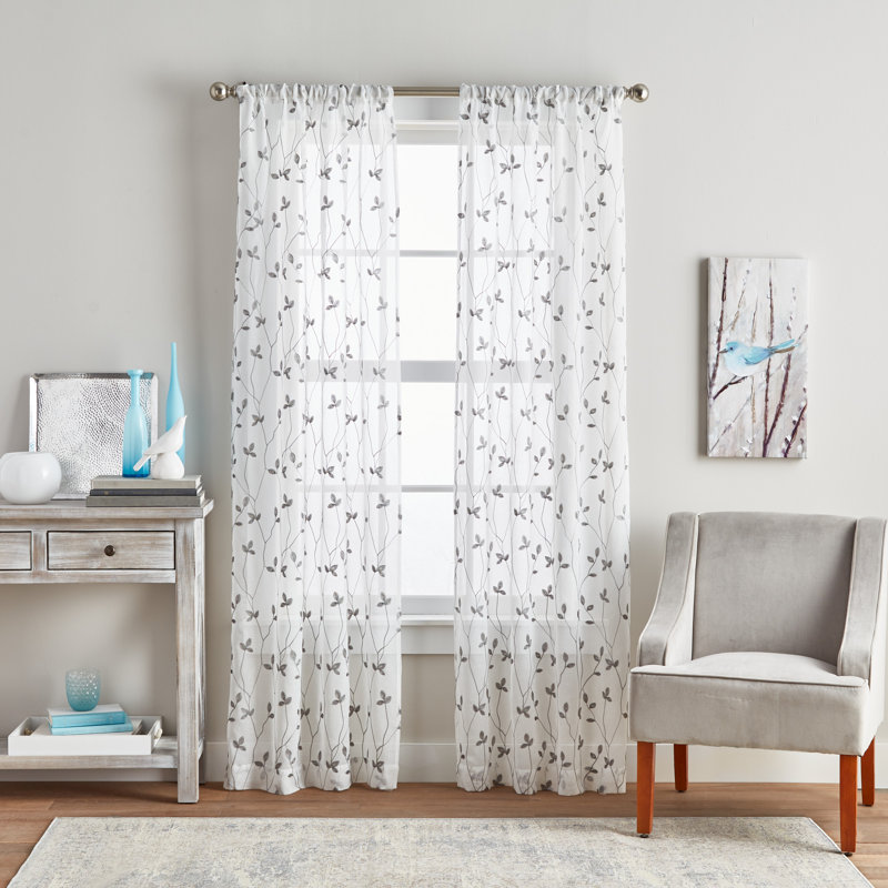 Botanical Embroidery Sheer Curtain Panel Pair White, 37" W x 63" L, White