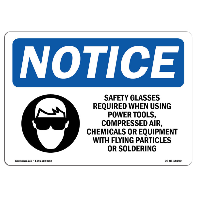 Safety Glasses Required When Aluminum Sign 18 x 24, 18" H x 24" W x 0.1" D