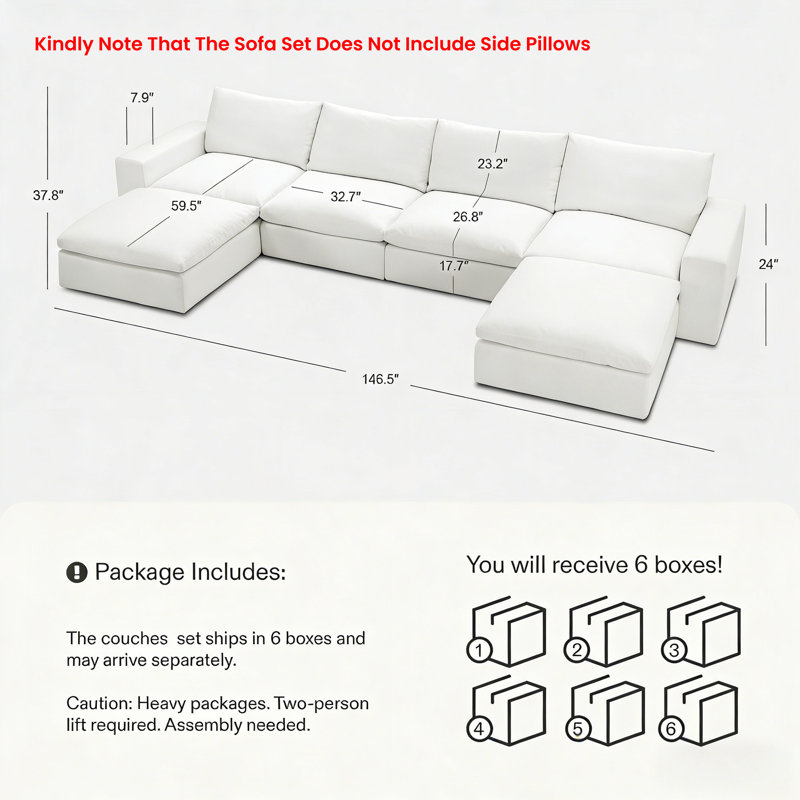 146.5" Cloud Modular Sectional Sofa, White Couch 4 Seater With 2 Ottoman, U Shaped Oversized Sleeper Sofa
