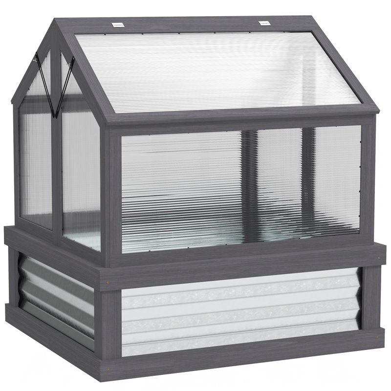 Raised Garden Bed with Polycarbonate Greenhouse, Wooden Cold Frame Greenhouse, Garden Flower Planter Protection, Peak Roof, 35.5" x 31.5" x 36", Gray