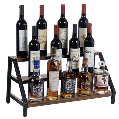 10 Bottle Metal/Solid Wood Tabletop Wine Bottle Rack in Black/Brown 