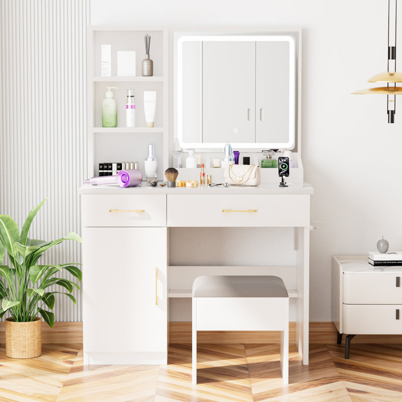 Bureau de coiffeuse avec miroir, lumières, prise de courant, modes réglables, tiroirs et tabouret