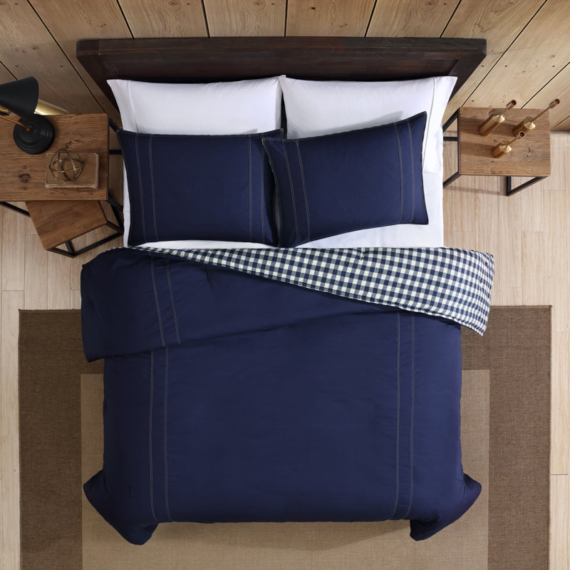 Ensemble d'édredon réversible en coton Eddie Bauer Kingston, Édredon pour très grand lit + 2 taies décorativ, Marine