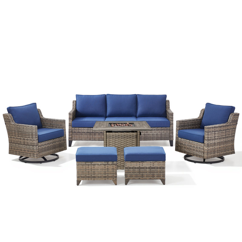 Ensemble de conversation pour foyer d'extérieur de 6 pièces avec foyer carré, planeurs pivotants et repose-pieds Maelie, Bleu