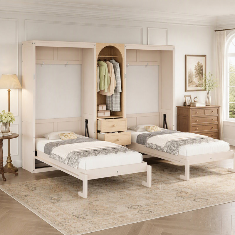 Lit escamotable double gain de place avec armoire intégrée et tiroirs de rangement, fini bois pour chambres d'amis