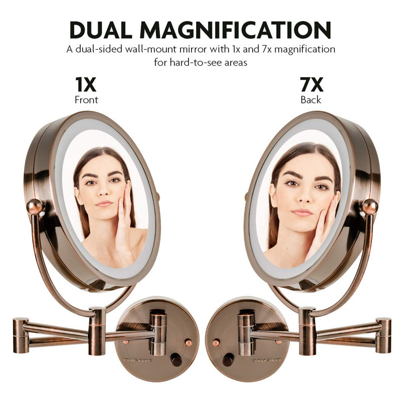 Antique Brass 8.5'' Round Wall-Mounted LED Vanity Makeup Mirror with 7X Magnification