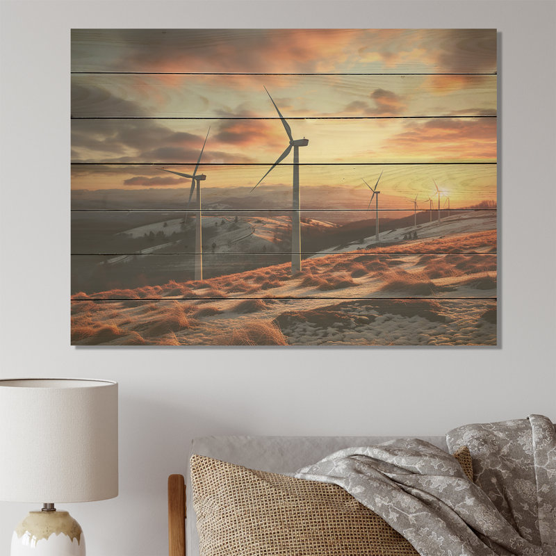 «Sunset Wind Turbines Mountain View II - Éoliennes sur bois», H 10 po x l 20 po