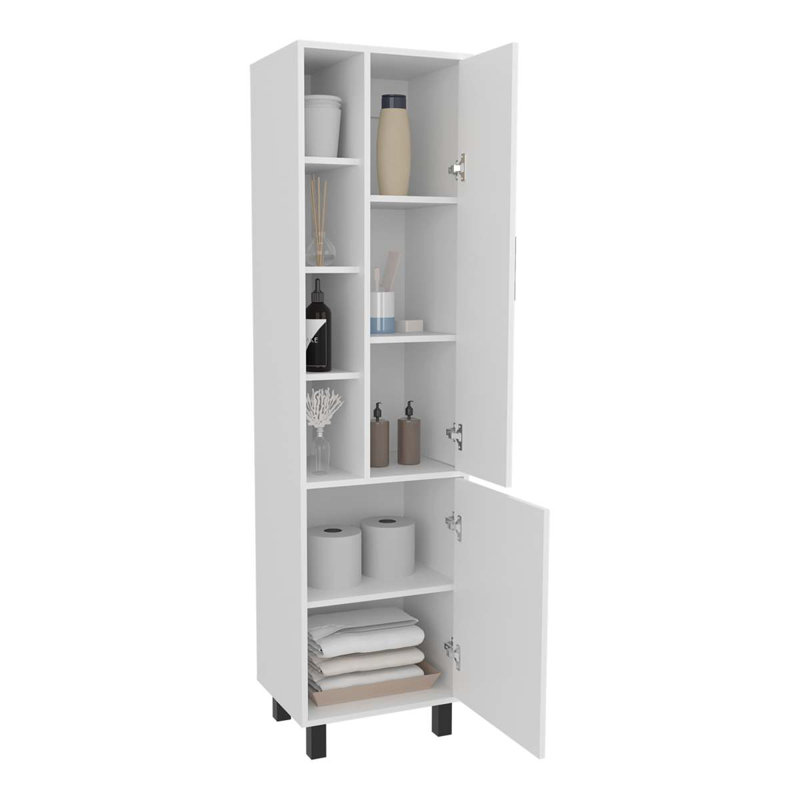 White Linen Cabinet With Open Storage And 2 Doors