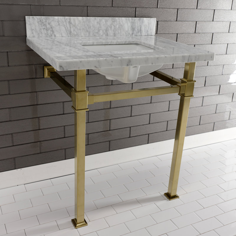 Kingston Brass Monarch 30-Inch Carrara Marble Console Sink with Stainless Steel Legs (8-Inch, 3-Hole)