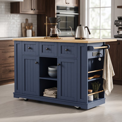 53.1"W Wood Kitchen Island with Drop Leaf, Kitchen Cart with Drawers, Cabinets, Spice Rack, Towel Bar, and Locking Wheels
