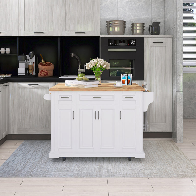 54" Rubber Wood Drop-Leaf Countertop Kitchen Cart With Spice Rack & Towel Rack, White