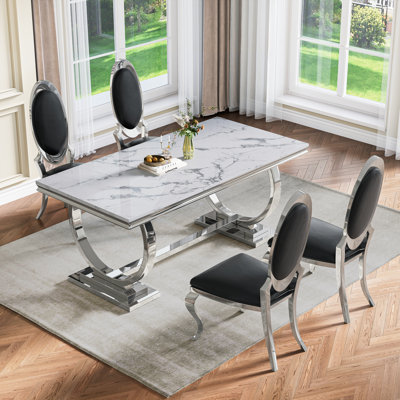 5 Pieces Rectangular Luxury Dining Table Set Of 4,70”Faux Marble Top With U-Shape Metal Base Dining Table For Dining Room -  Mercer41, A3B75A498BD543C08E53FC723B05F430