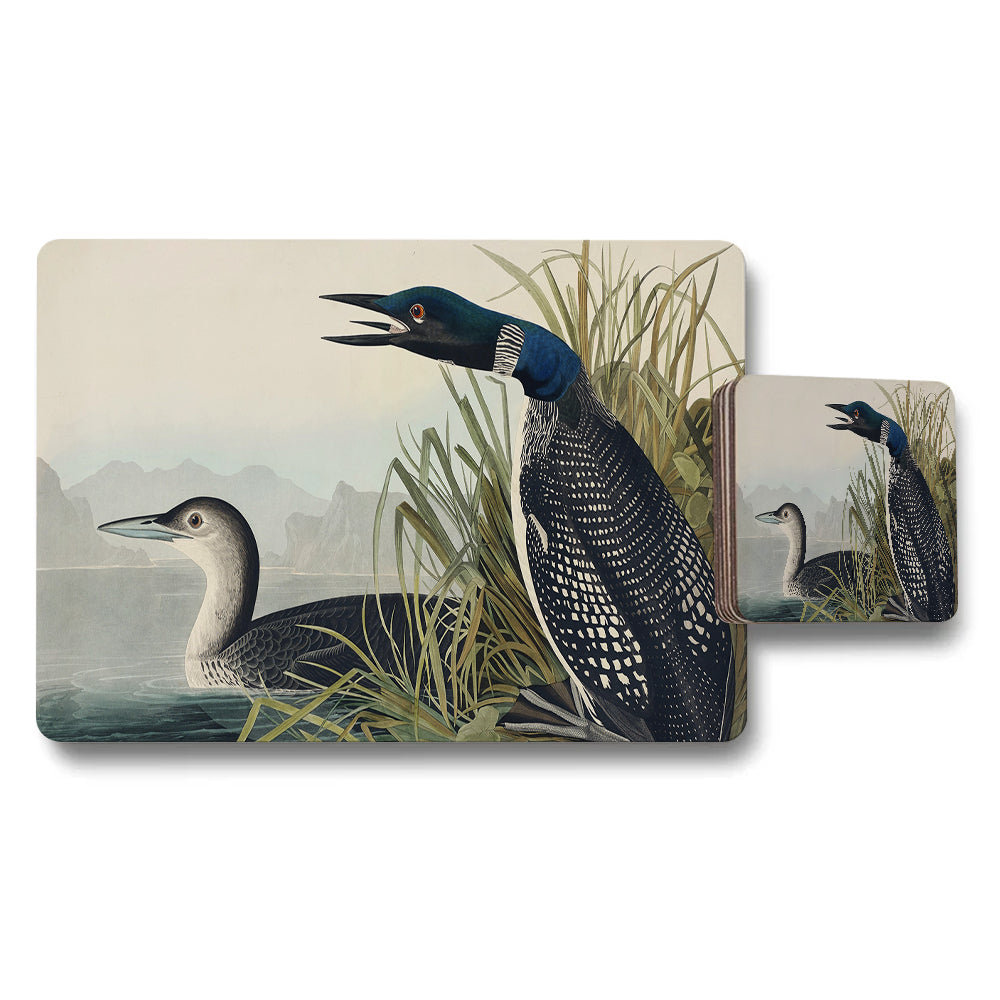 Placemat And Coaster Set With Vintage Bird Illustration