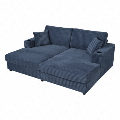 86.5" Oversized Loveseat Chaise Lounge Sectional Sofa Bed Corduroy Sleeper Sofa with Two USB Ports , Two Cup Holders and Two Throw Pillows for Living by Latitude Run