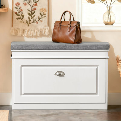 White Shoe Storage Bench with 1 Flip-Drawer, Padded Seat for Hallway, 20.47" H x 29.53" W x 9.45" D