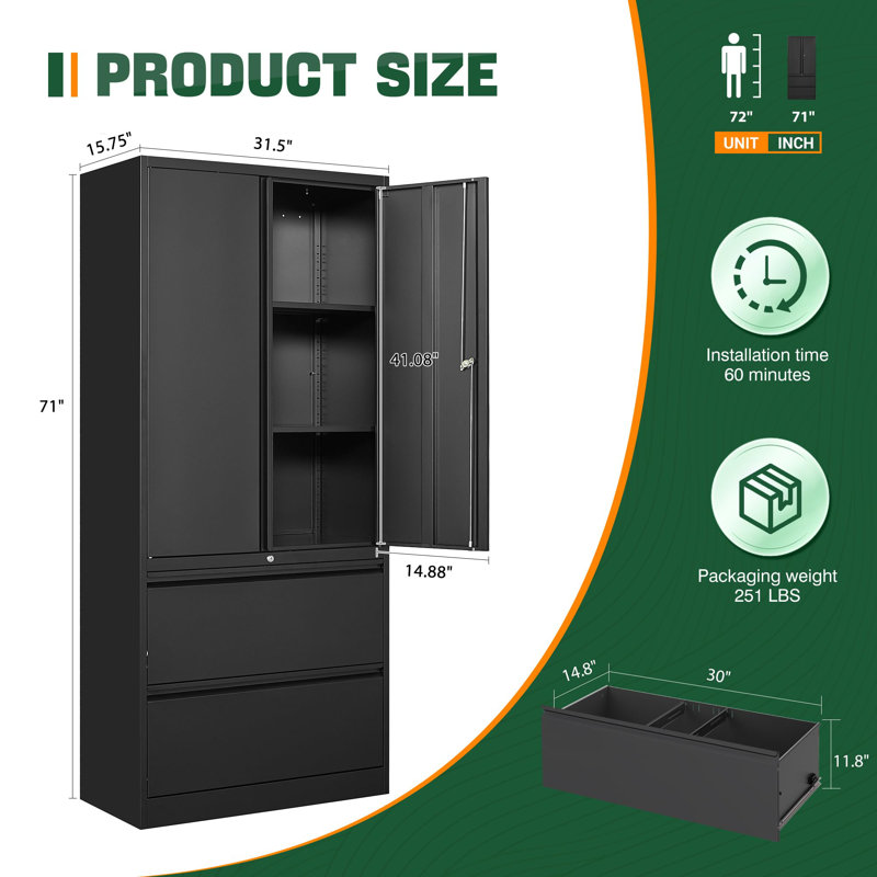 Metal Storage Cabinets-2 Drawers With Lock And Adjustable Shelves-hang Legal/letter/a4/f4g File Cabinet, Black