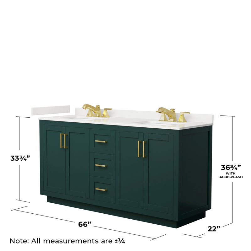 Miranda 66" Freestanding Double Bathroom Vanity with Quartz Top, White Quartz, Green, Brushed Gold