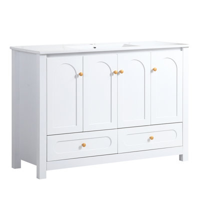 Meuble-lavabo de 48 po en céramique blanche avec armoire de rangement abondante avec 4 portes à fermeture douce et 2 tiroirs en bois massif robuste pour un entretien facile
