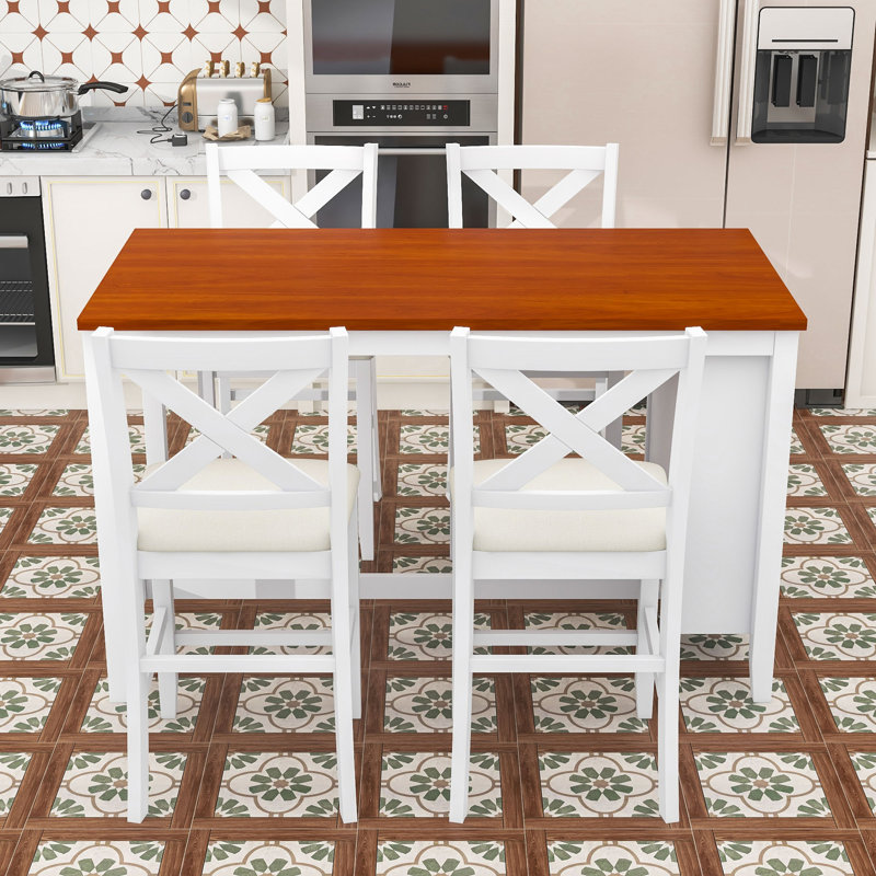 Ensemble de table de salle à manger 5 pièces pour 4 personnes, Noyer, Blanc / beige, Blanc