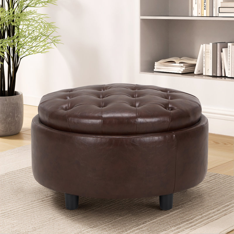 63.5Cm Tufted Round Cube with Storage Ottoman, Brown