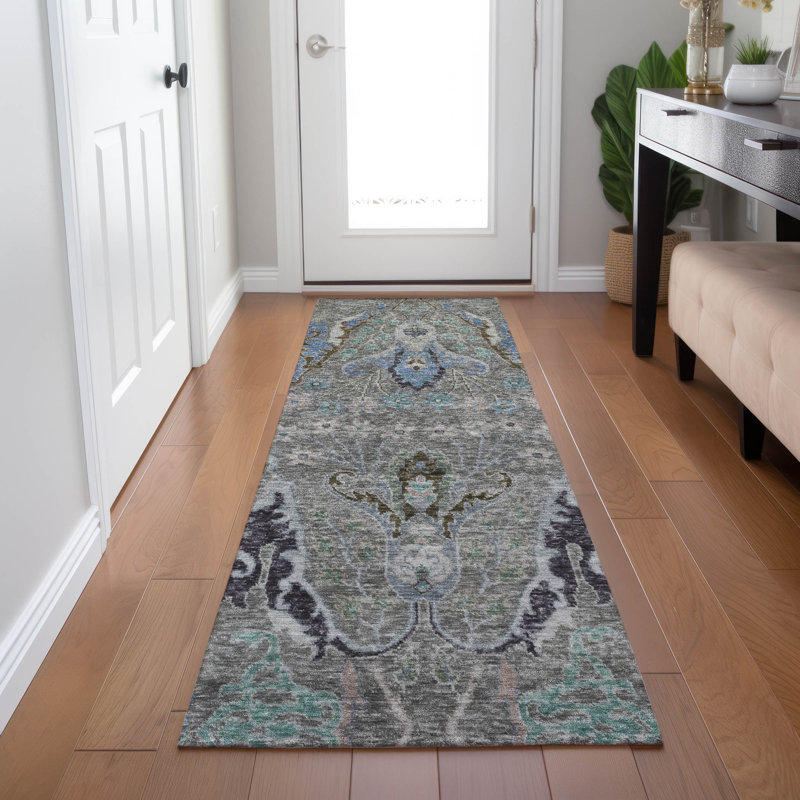 Machine Washable Indoor/Outdoor Xhevrie Pewter Rug, Runner 2'3" x 7'6"
