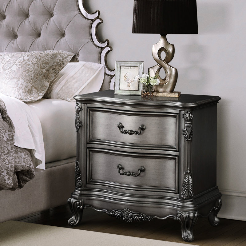 Table de chevet gris antique avec 2 tiroirs doublés de feutre pour le confort de la chambre à coucher