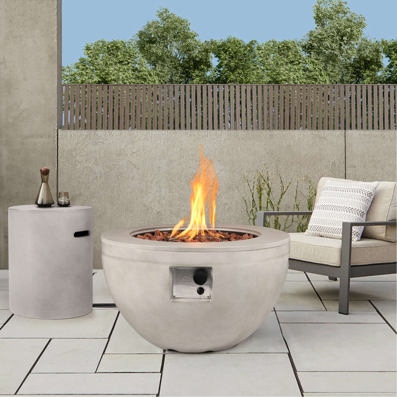30-Inch Round Concrete Propane Fire Pit Table Set with Tank Cover, 40,000 BTU Outdoor Gas Firepit Table, 2-Piece Patio Fire Table Set