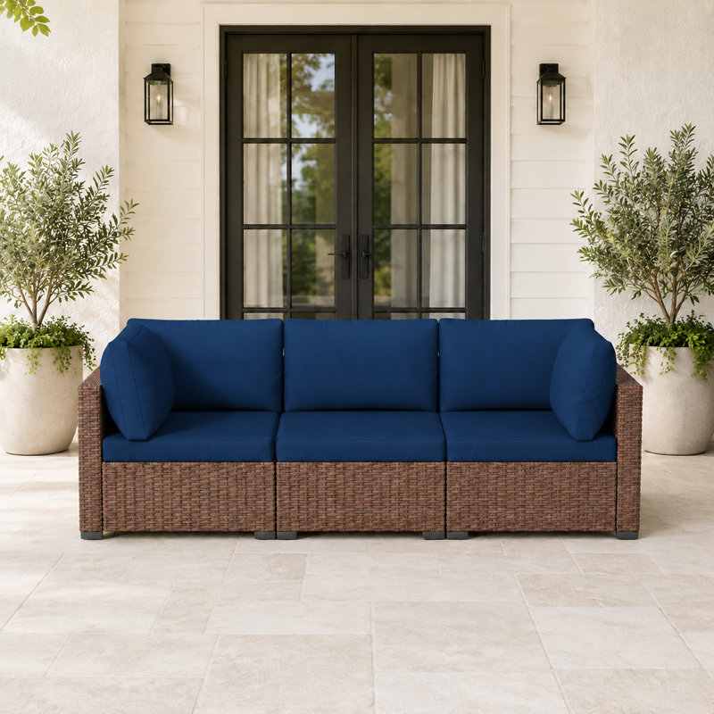 Ensemble de 3 coussins de patio en rotin avec coussins Outdloor, Brun / Bleu marine, 3 pièces