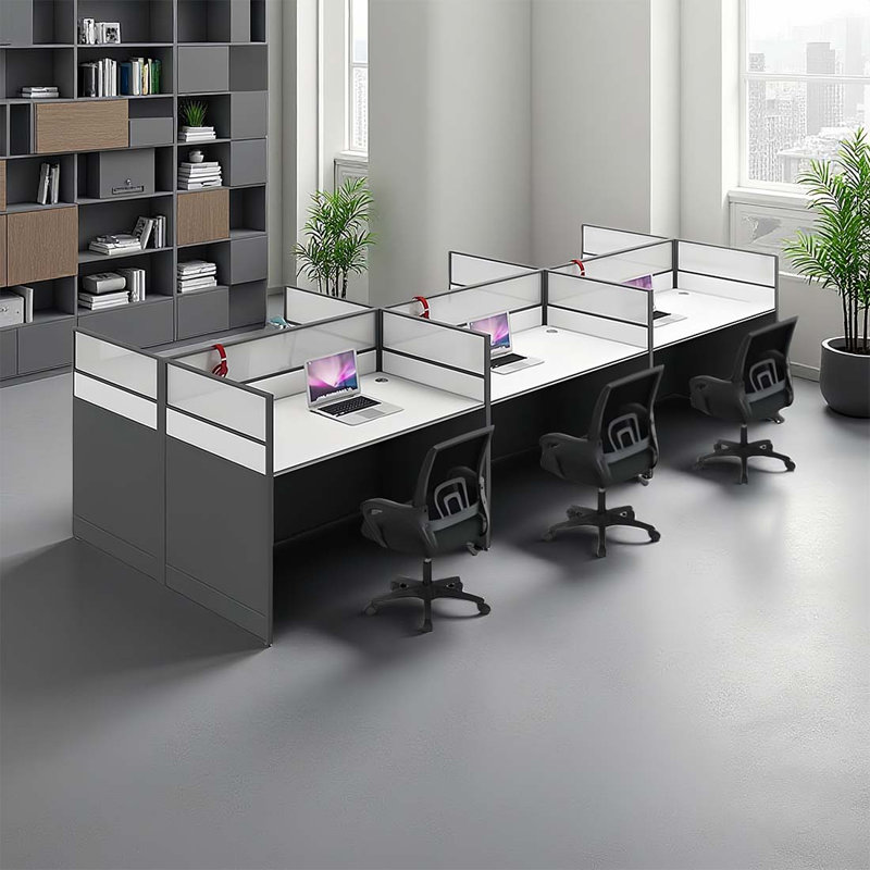   Bureau rectangulaire, poste de travail avec banc et fauteuil de bureau, 6, H 43,3 po x l 142,52 po x P 47,24 po