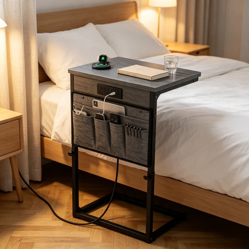 Table de bout en C avec station de charge, table d'appoint à hauteur réglable pour canapé, table de chevet mince qui se glisse sous le canapé, plateau de télévision portable pour le salon et la chambre à coucher, finition noyer rustique