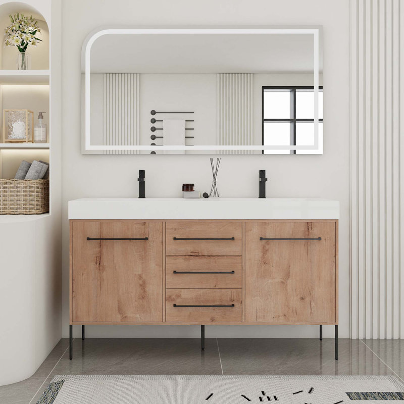 Meuble-lavabo autoportant de 60 po avec lavabo double en résine blanche, 2 portes d'armoire à fermeture en douceur et 3 tiroirs (KD-PACKING)