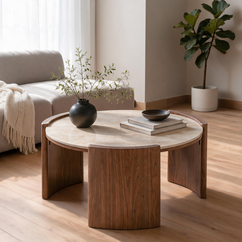 Table basse ronde moderne en pierre frittée de 31,5 pouces, table centrale au look travertin lustré avec pieds en dalle de noyer épais, table basse circulaire pour le salon