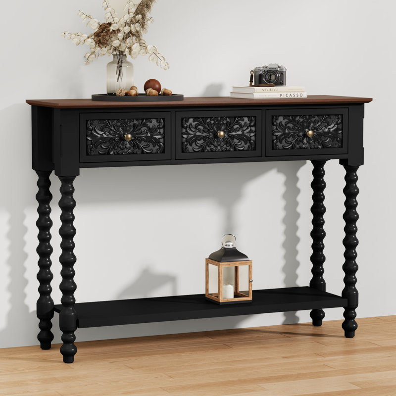 Console de 42 po avec 3 tiroirs et détails botaniques sculptés à la main, table d'appoint en bois avec rangement et pieds fuselés
