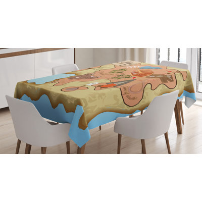Island Map Tablecloth, Treasure Map Of Tropical Beach With Chest Key Mystical World Theme, Rectangular Table Cover For Dining Room Kitchen Decor, 52" X 70", Cream Pink Blue