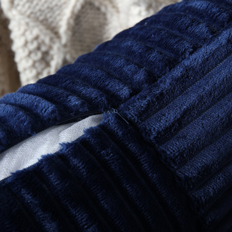 Square Striped Corduroy Soft Flannel Patchwork Pillow Cover, Navy Blue, 18"H x 18"W