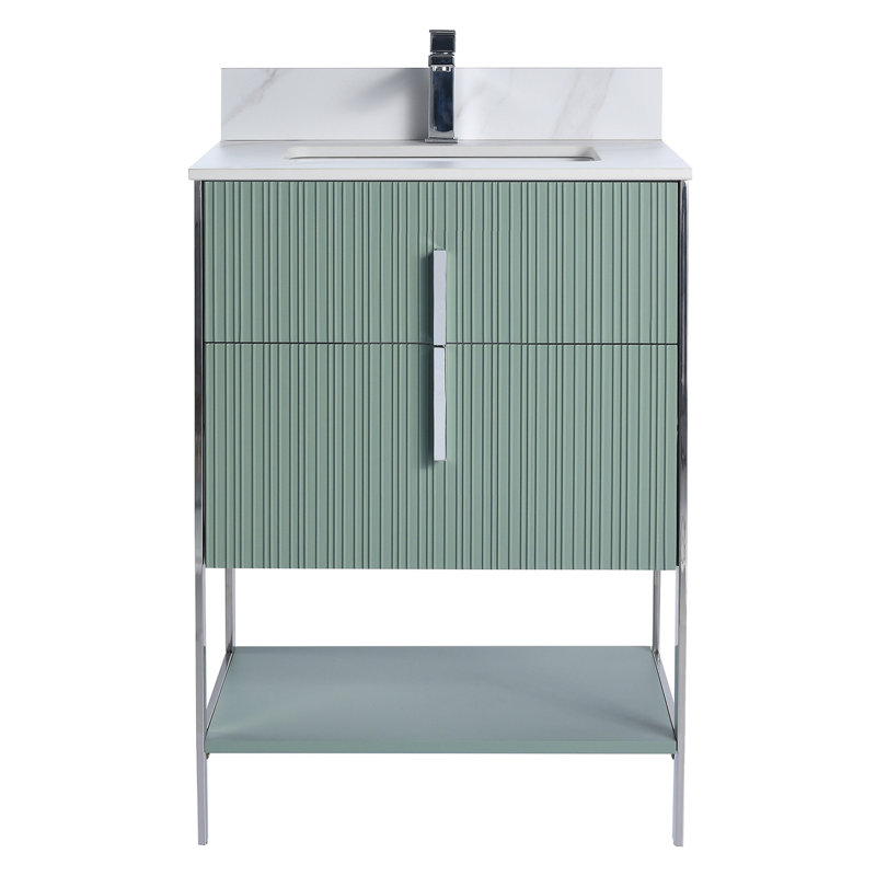 Meuble-lavabo moderne avec plateau en pierre Serenity, Vert menthe / chrome, 24", Marbre de Carrare blanc
