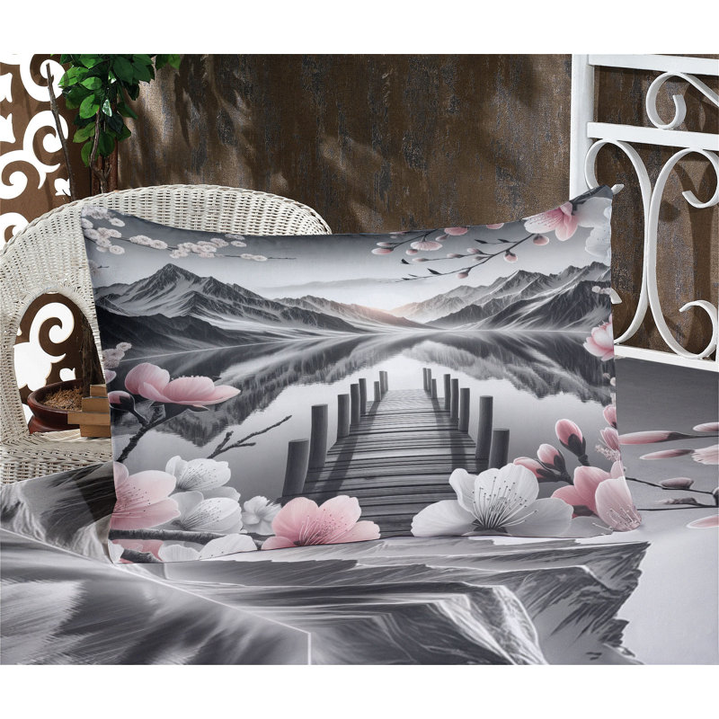 Drap-housse et taie décorative Ambesonne Cherry Blossoms and Mountains - gris et rosé, Grand