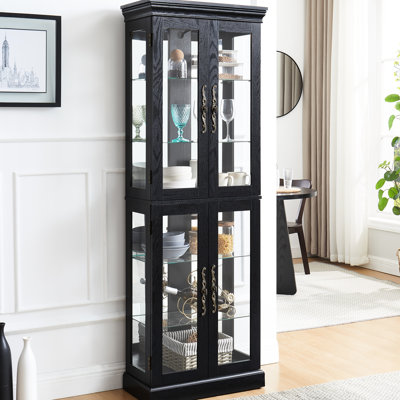 Black Lighted Glass Cabinet With Exquisite Craftsmanship For Kitchen, Ideal Collectibles Display In Living Room, Enchanting Illumination And Vintage Handle