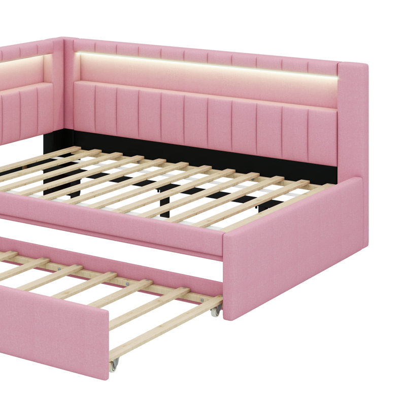 Full Size Fully Upholstered Platform Bed With USB Connectivity, LED Lighting, And Trundle Bed, Pink