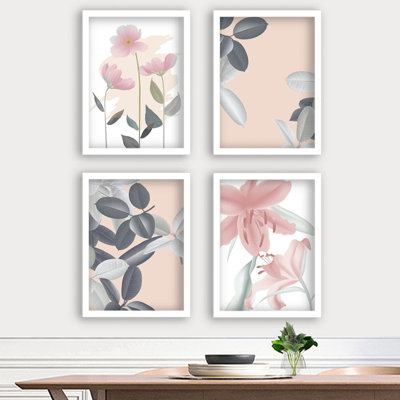 Ensemble de 4 peintures élégantes et encadrées, art moderne, 13,4 po x 17,3 po chacune | 100% panneau de fibres à densité moyenne avec une épaisseur de 2,0 cm, cadre en plastique durable | Parfait pour le salon, la chambre à coucher et le bureau