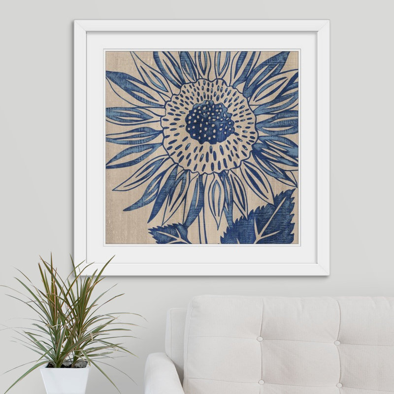 Indigo tournesol - imprimé, Cadre blanc, H 32 po x l 32 po x P 1 po