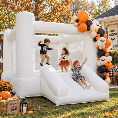 White Inflatable Bounce House with Slide and Blower for Kids, Indoor & Outdoor Birthday Parties